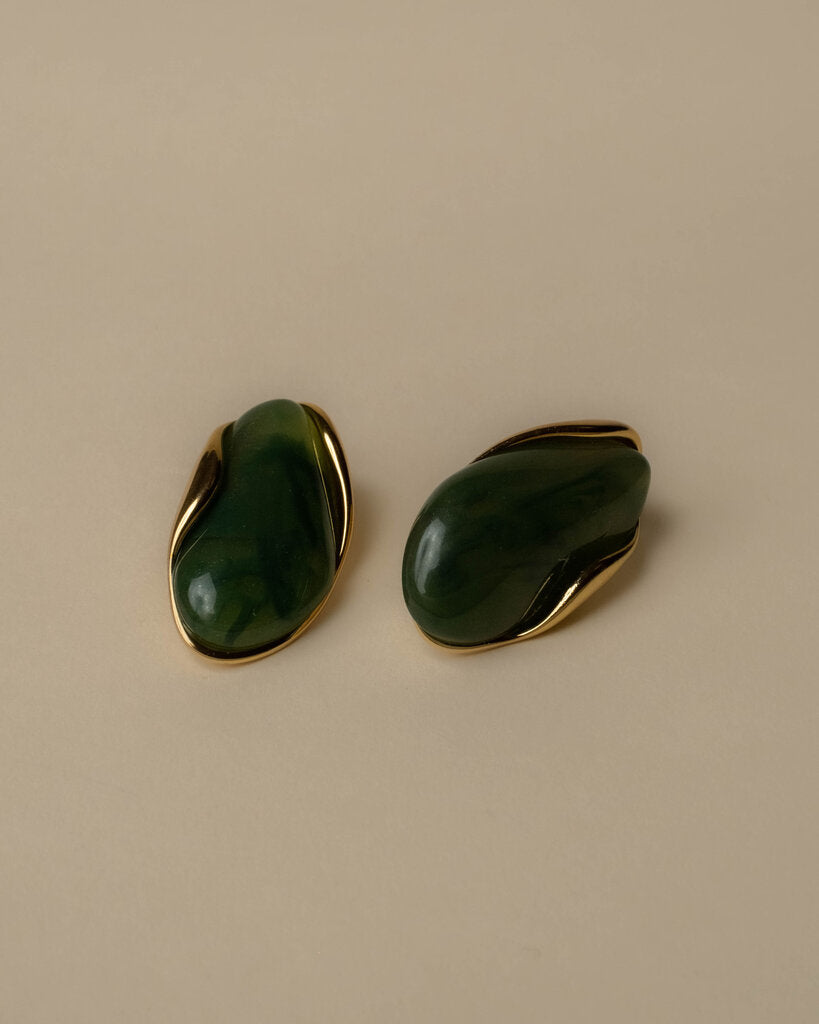 Organic Resin Stone Stud Earrings - Jade Green
