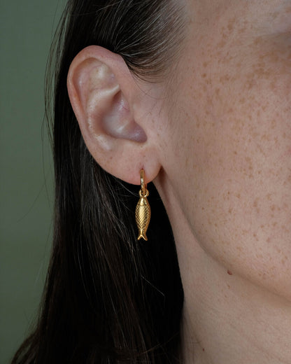 Fish Pendant Huggies - Gold Plated Stainless Steel