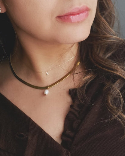 Flat Snake Chain + Pearl Pendant Necklace